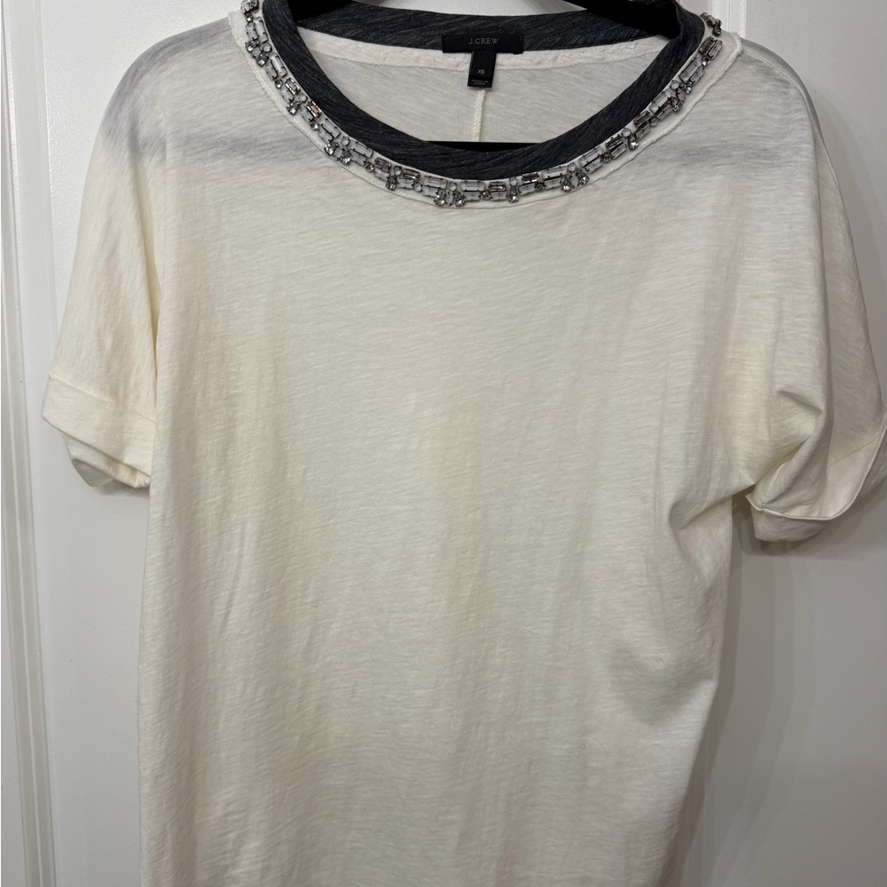 J Crew Oversized White Embellished Neckline T-Shirt